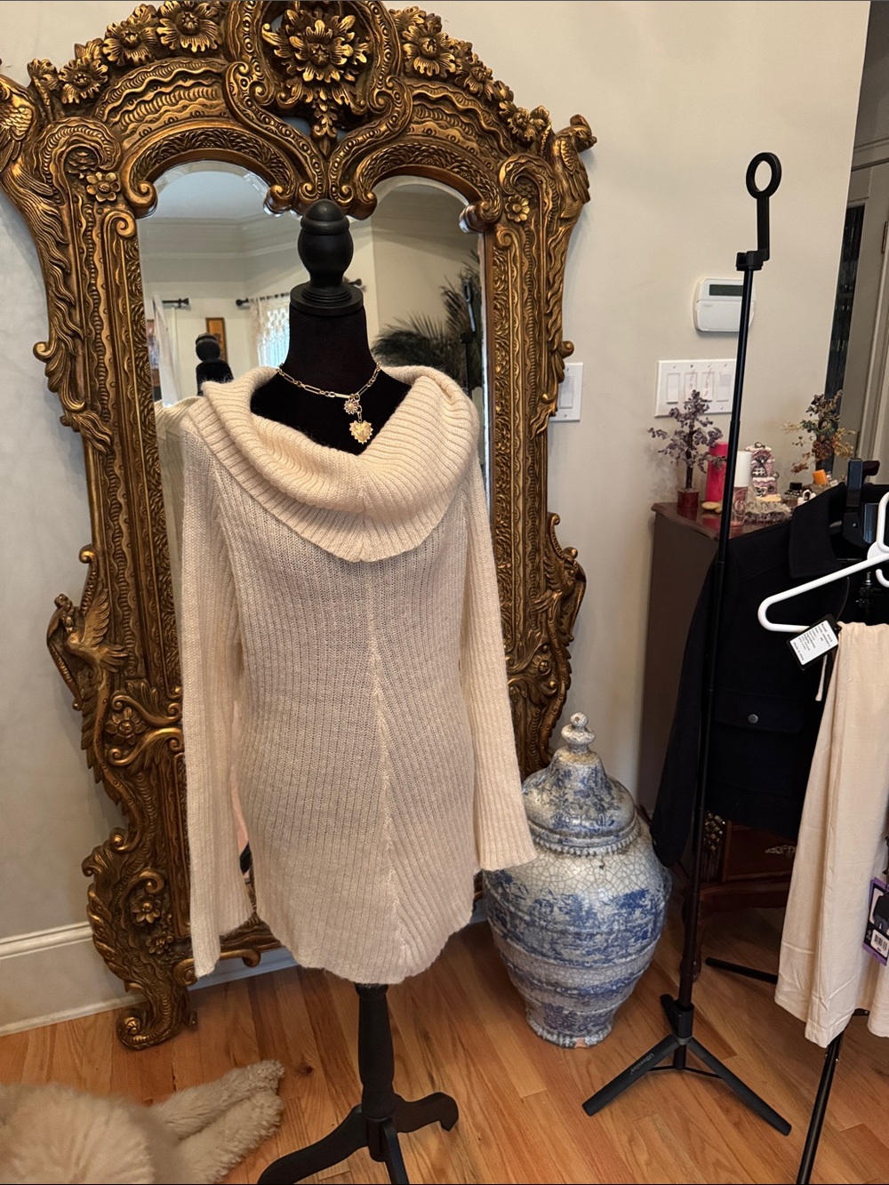 White House Black Market Cream Cowl Neck Ribbed Sweater